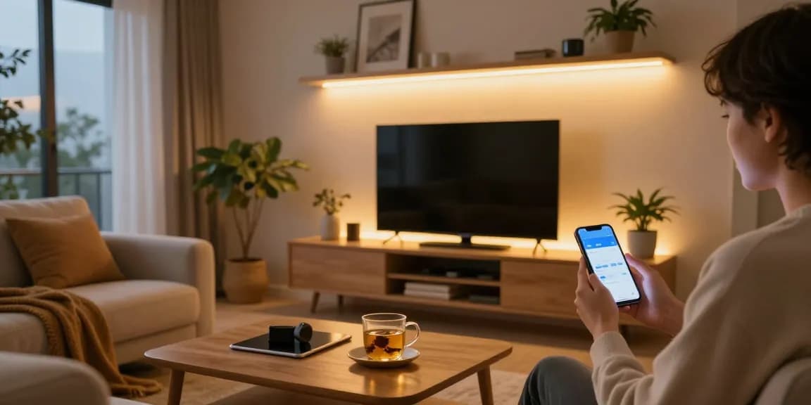Iluminare modernă cu bandă LED ajustată în interiorul unei living-uri elegante