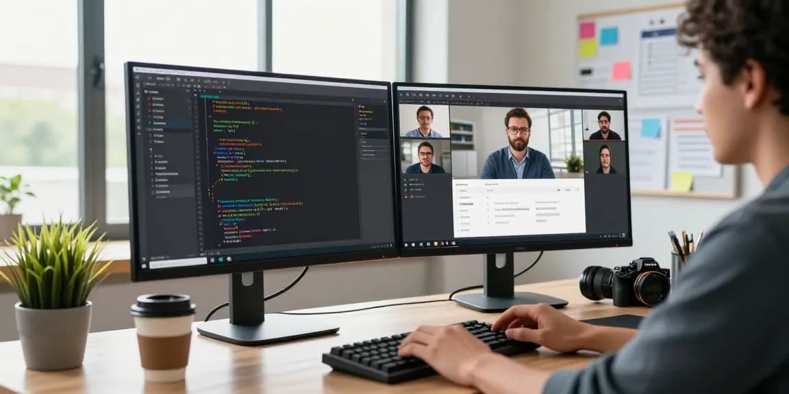 Developer utilizing Snipaste for efficient screenshot capture and collaboration in a modern office environment.