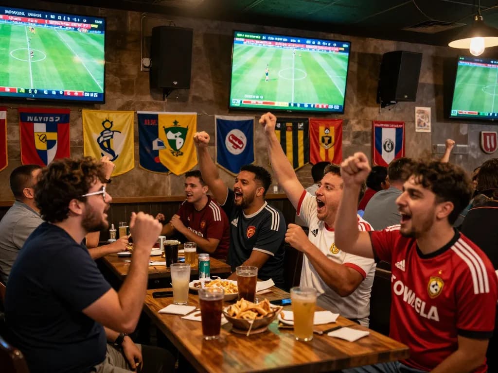 Fans enjoying live soccer scores on NOWGOAL in a vibrant sports bar atmosphere.