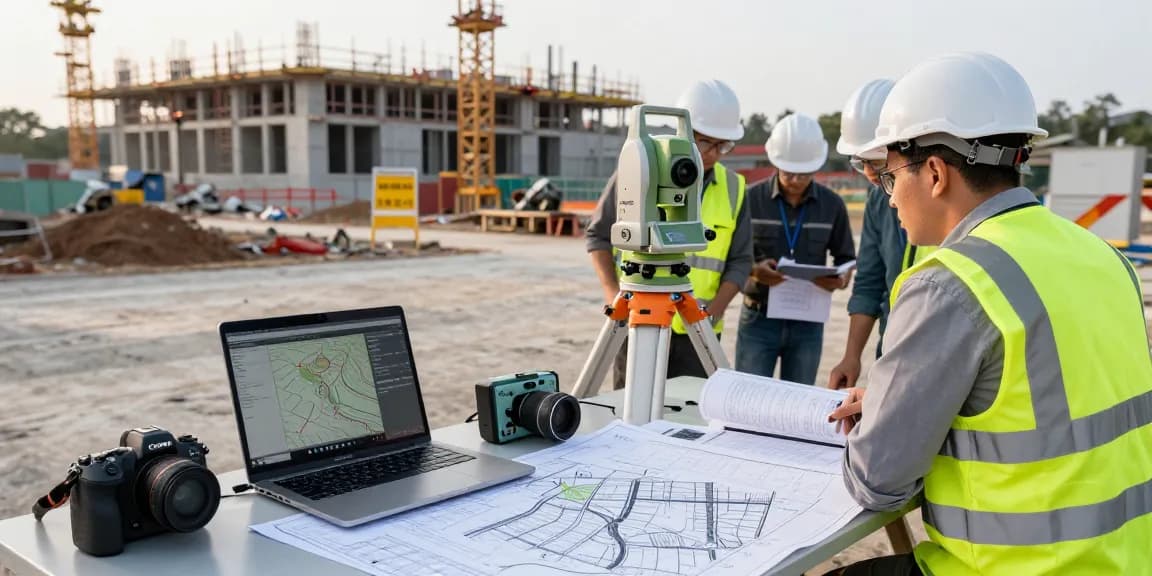 Topographical surveys in action with surveyor using laser scanner and GPS equipment at construction site.