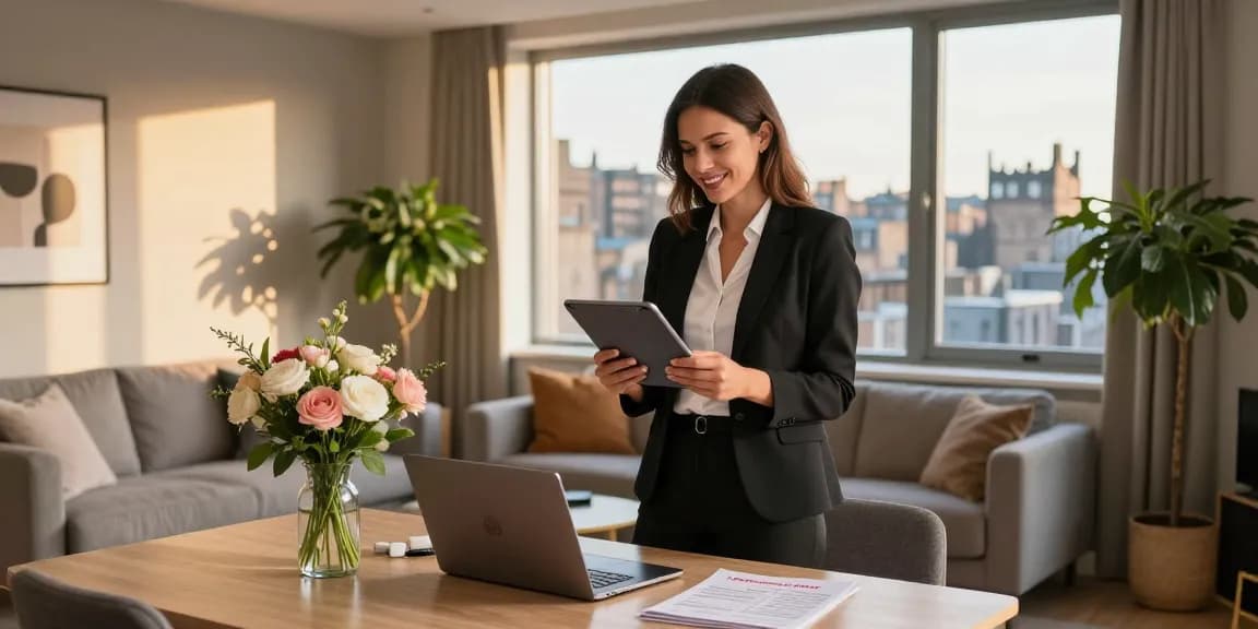 Airbnb management company Edinburgh professional managing a stylish apartment during golden hour, creating a welcoming environment.