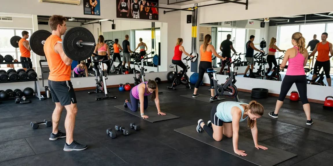 Athletic individuals working out in a vibrant gym setting, reflecting the community spirit of fitness enthusiasts with products from the Astera Shop.