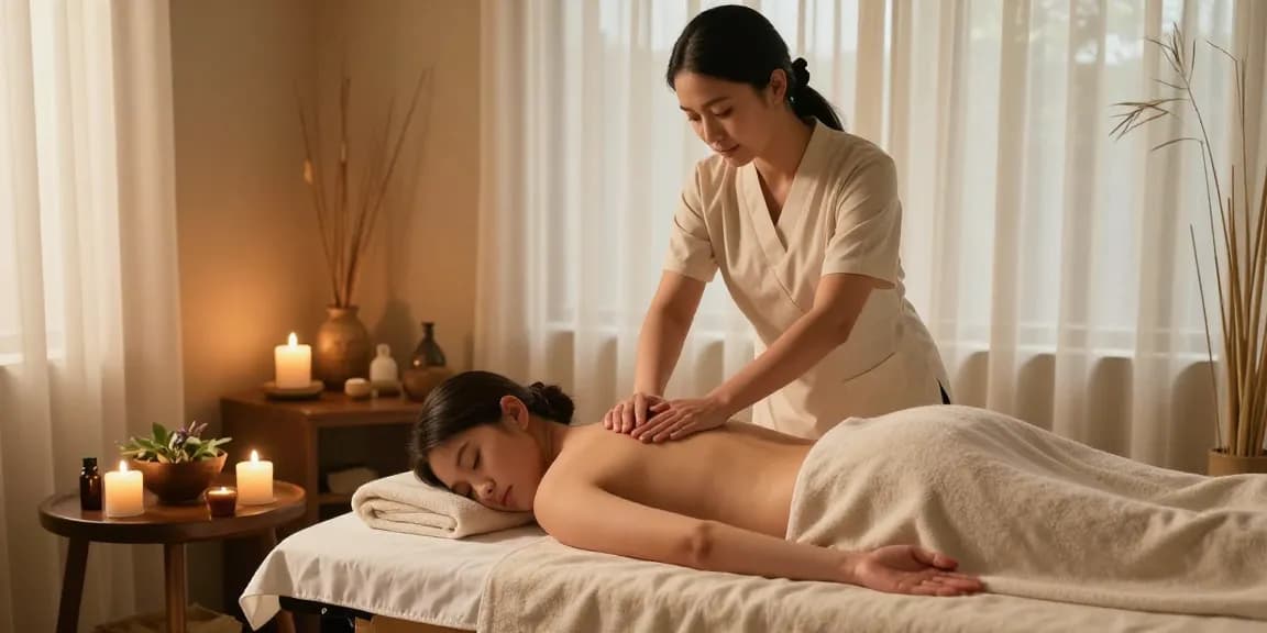 스웨디시 마사지 중인 치료사와 편안한 분위기의 스파 치료실