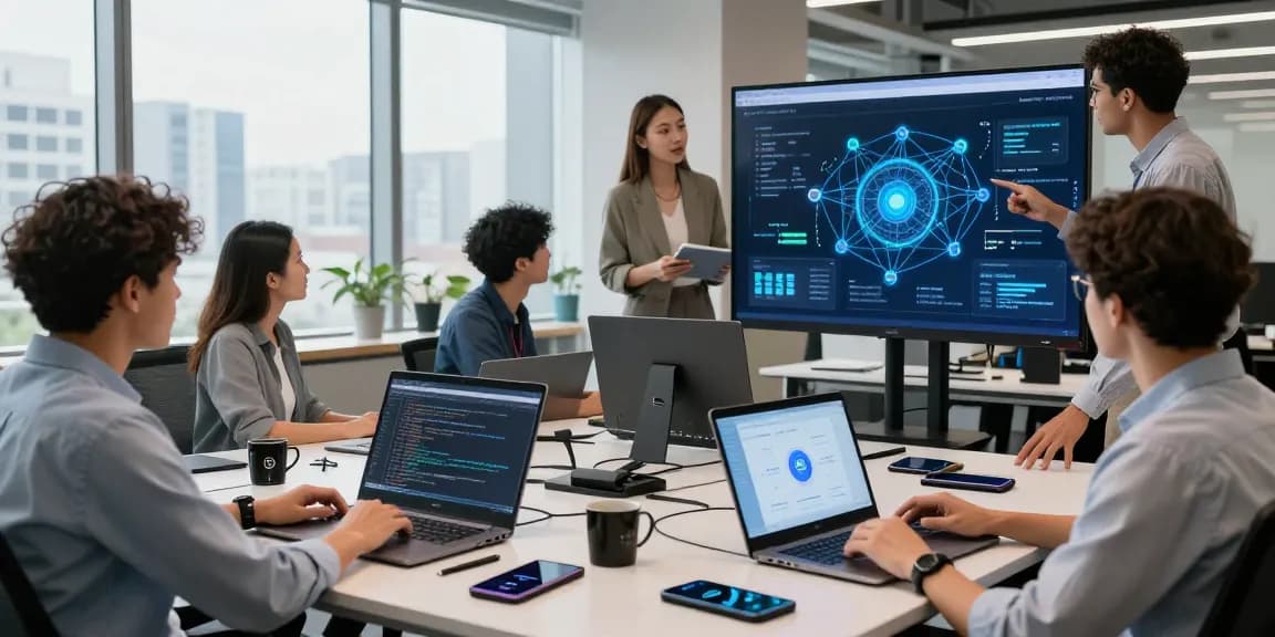 快连 software interface displayed in a vibrant tech office where professionals collaborate on network acceleration solutions.
