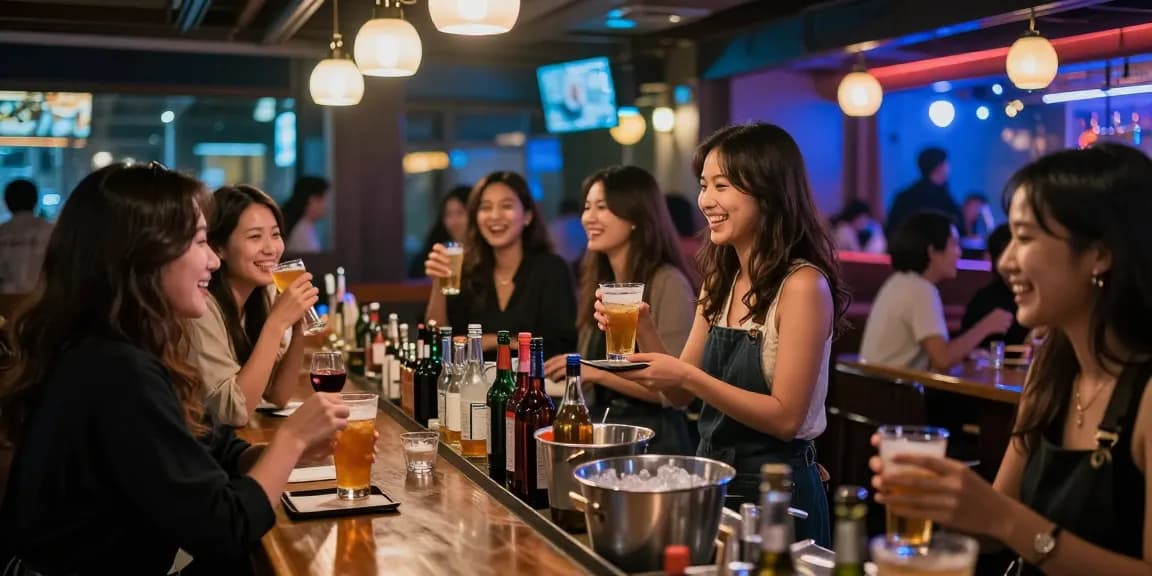 밤알바에서 일하는 여성들이 활기찬 바에서 고객과 소통하는 모습
