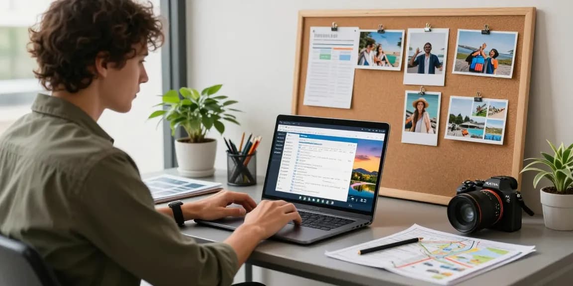 Travel agency software in action with a traveler planning trips at a modern desk.