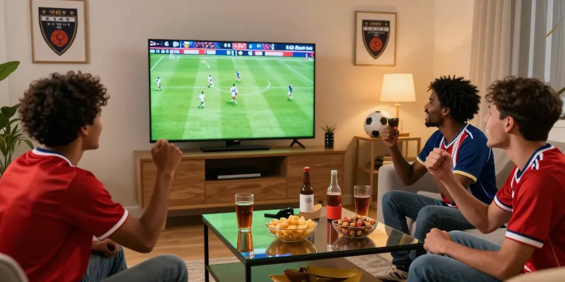 Friends enjoying a football game live on multicanais in a cozy living room, showcasing excitement and community.