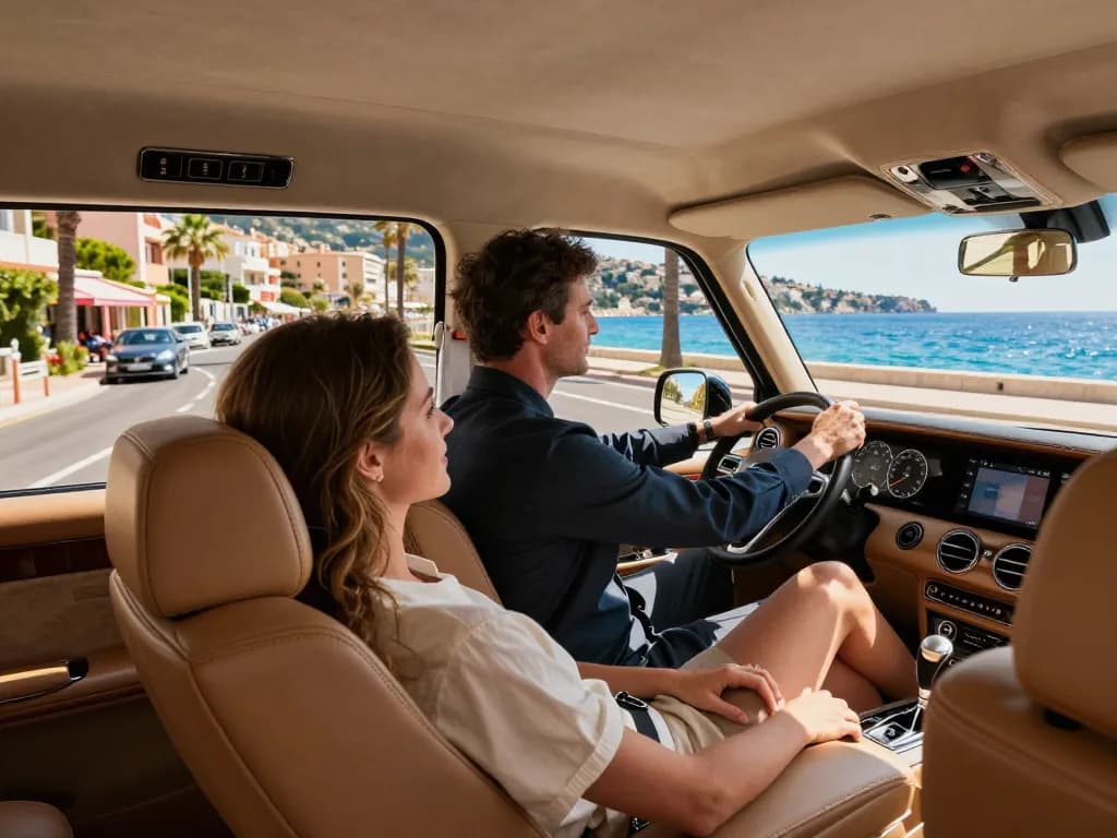 Course en taxi de luxe à travers Saint-Tropez avec chauffeur professionnel et vues côtières époustouflantes.