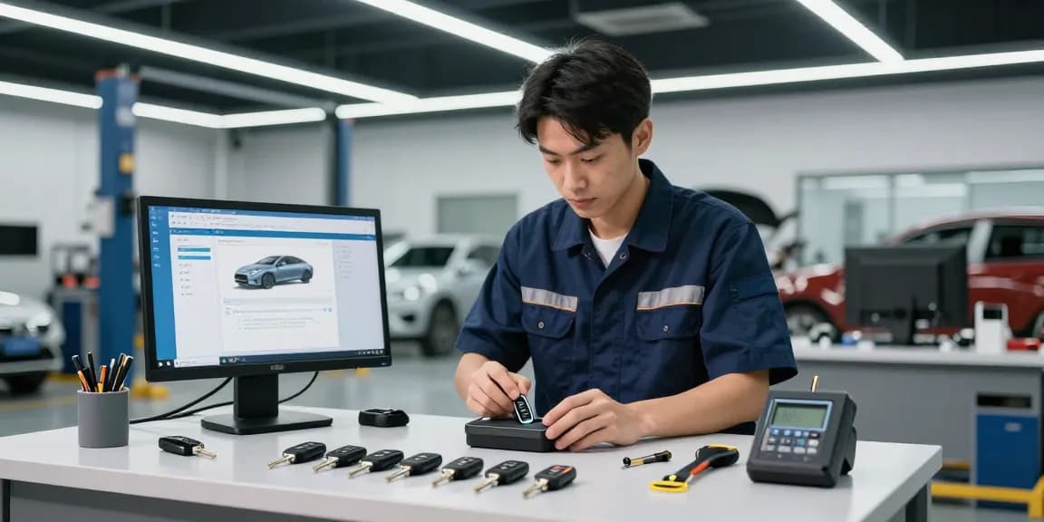 Schlüssel für Auto in einer modernen Werkstatt, wo ein Fachmann einen neuen Autoschlüssel programmiert.