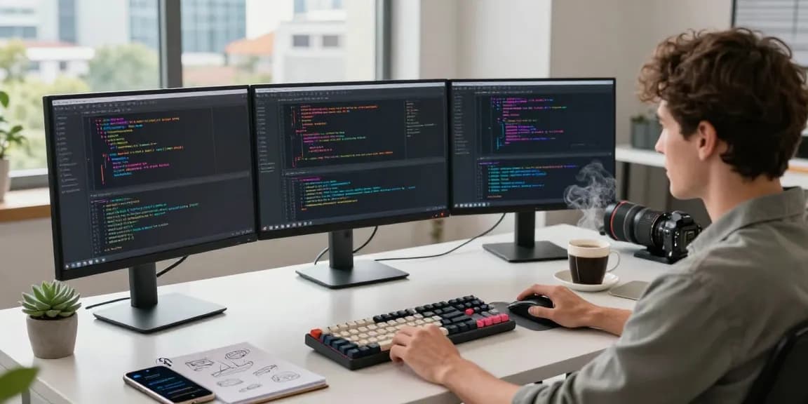 Developer coding at a digital workspace for teiegramin.com showcasing modern tech environment with screens and coffee.