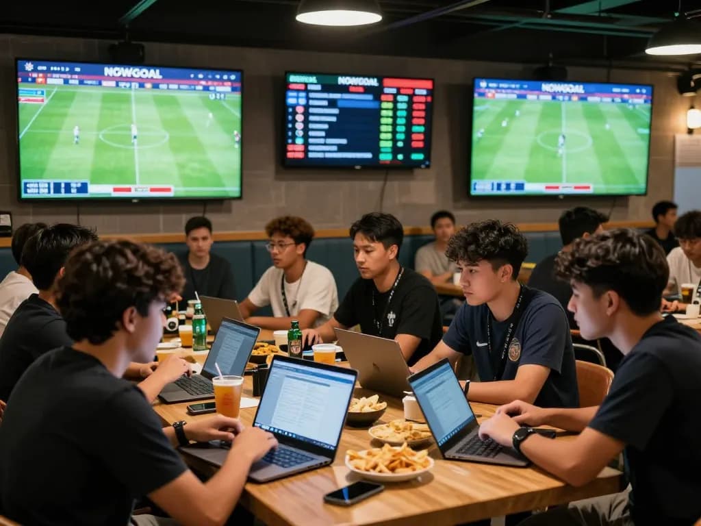 Fans enjoying NOWGOAL live scores in a lively sports lounge atmosphere.