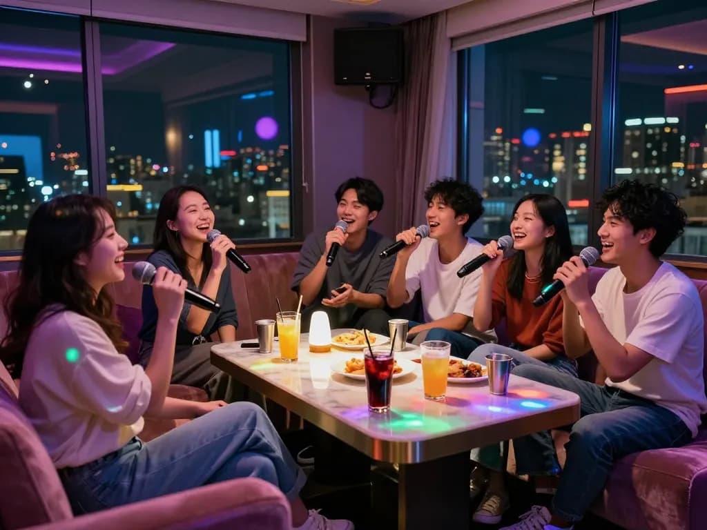 활기차고 고급스러운 장소에서 친구들과 함께 https://www.3no.org/에서 노래방을 즐기는 모습.