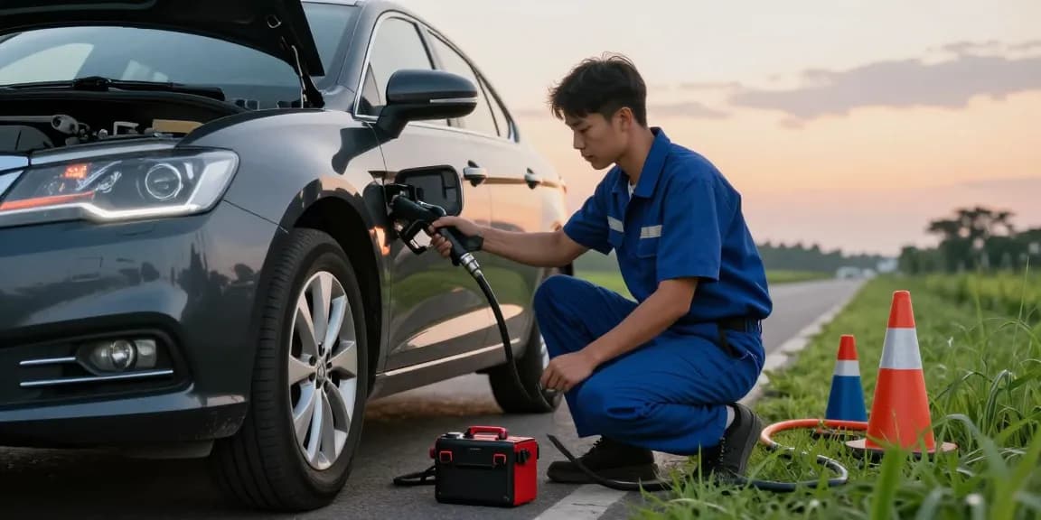 Technician draining wrong fuel in car, showcasing expert fuel recovery service.