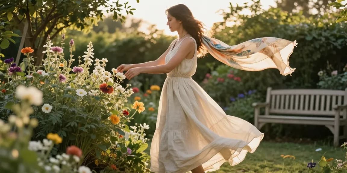 Graceful woman in a handmade dress twirling in a garden, showcasing sustainable fashion.