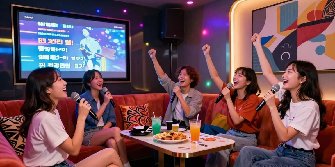 Friends enjoying 강남가라오케 in a lively karaoke venue with vibrant lights and décor.