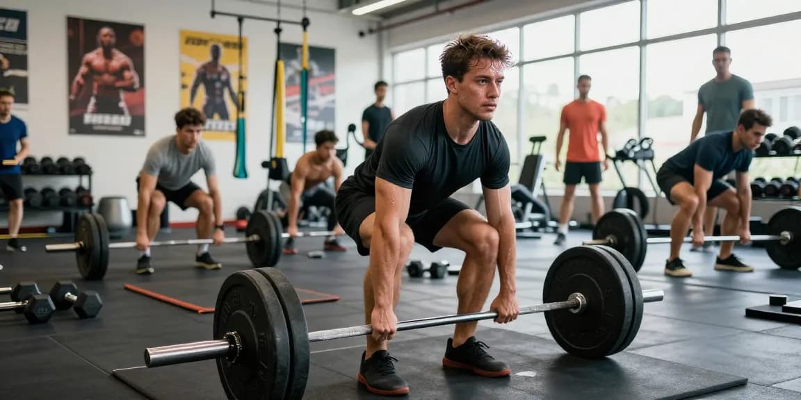 Entrenador en Esteroidesshop levantando pesas en el gimnasio moderno, mostrando esfuerzo y energía.