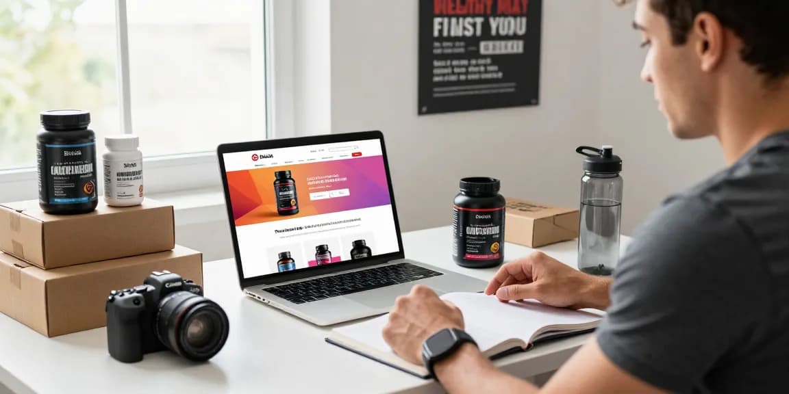 Athlete exploring products at Driada Medical Shop in a cozy home office atmosphere.