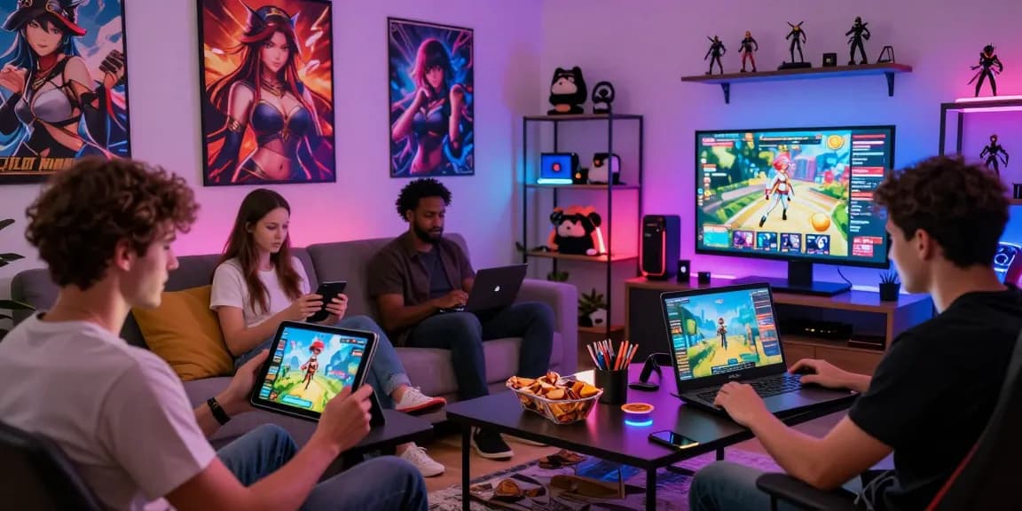 Explore hentai games online with friends in a vibrant gaming room scene featuring diverse players.