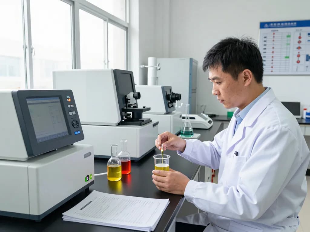 Base oil supplier inspecting samples in a modern chemical lab environment with analytical equipment.