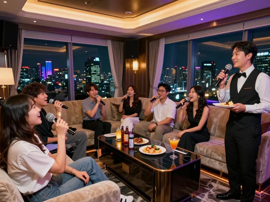 고급 서비스와 개인 룸이 있는 강남가라오케에서 호화로운 경험을 즐기는 손님들.