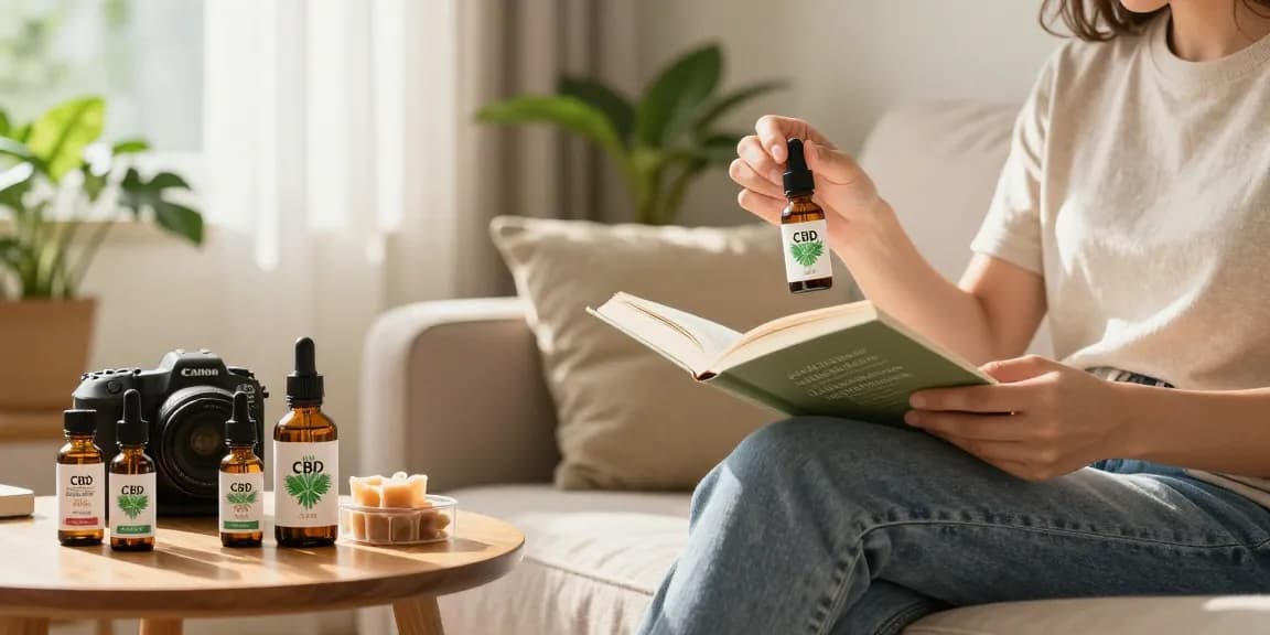 Individual enjoying CBD oil Canada in a cozy home setting with products on display.