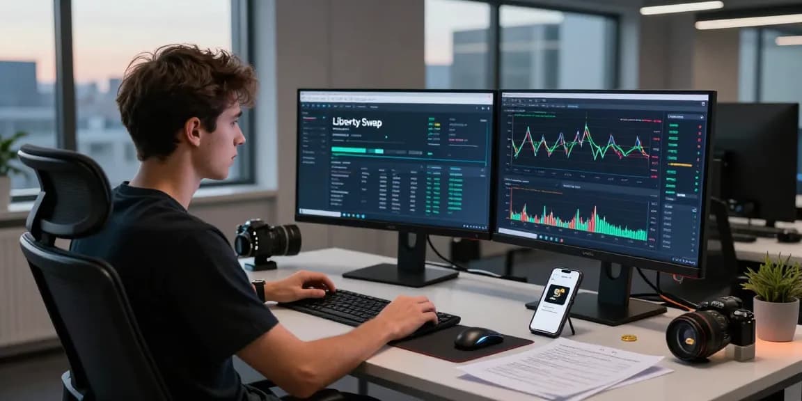 LibertySwap trader analyzing digital assets in a modern office setting