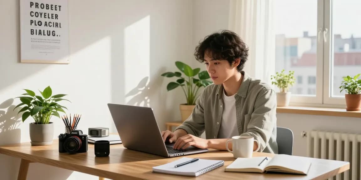 Trabajo en casa con etb internet hogar medellin, persona enfocada en el laptop y decoración hogareña.