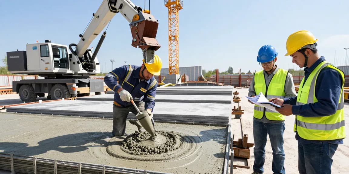 Workers utilizing NAGA2000 concrete at a modern construction site for efficiency and quality.