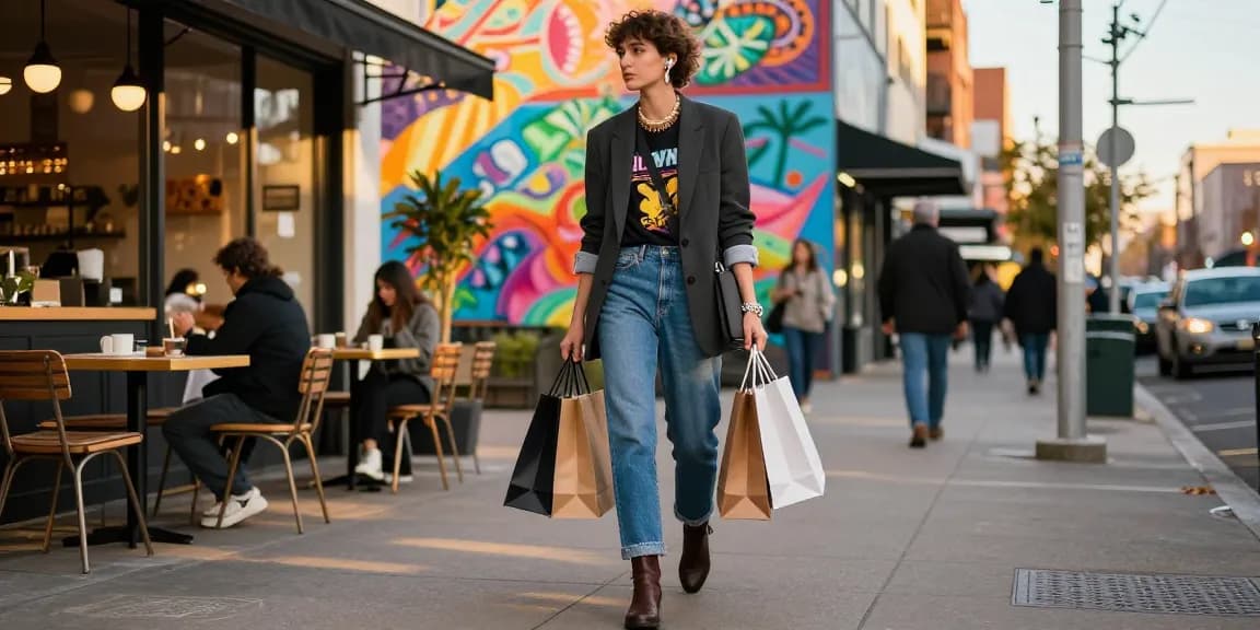 Stylish individual in urban outfit showcasing vibrant street fashion blog trends.