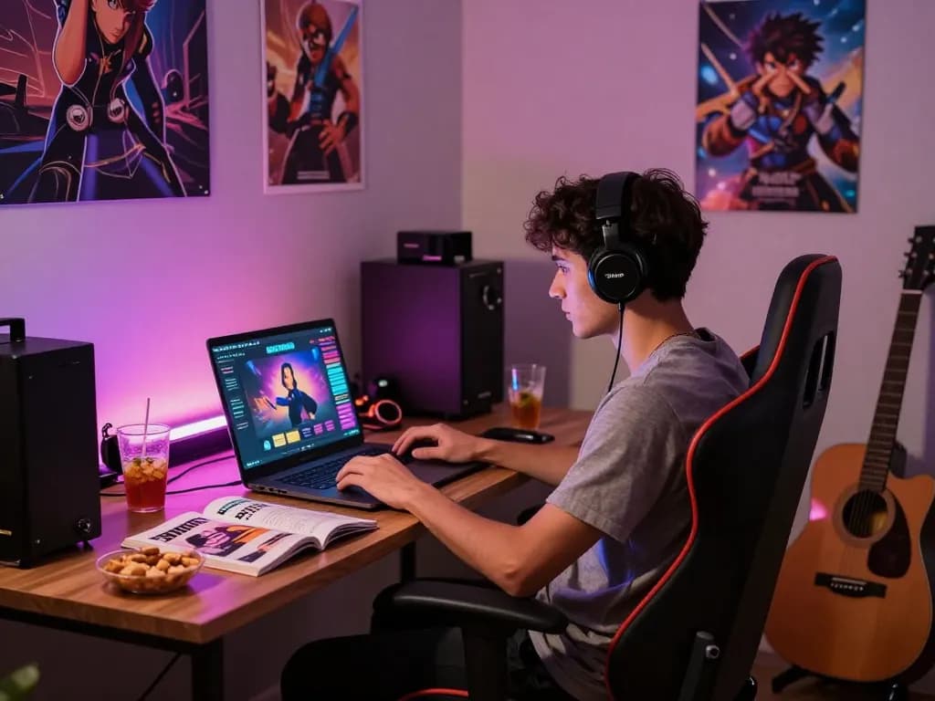 Engaged gamer playing an HTML porn game in a cozy, colorful bedroom setup.