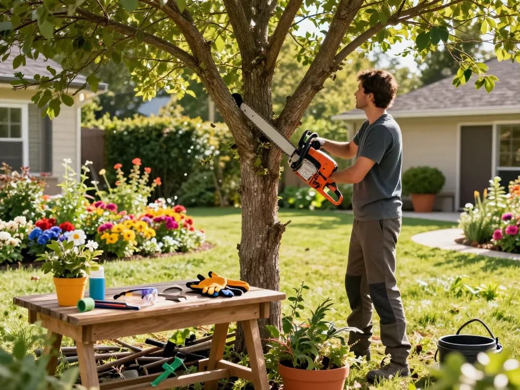 Gardener using a chainsaw in Cyprus to prune trees in a vibrant backyard garden.
