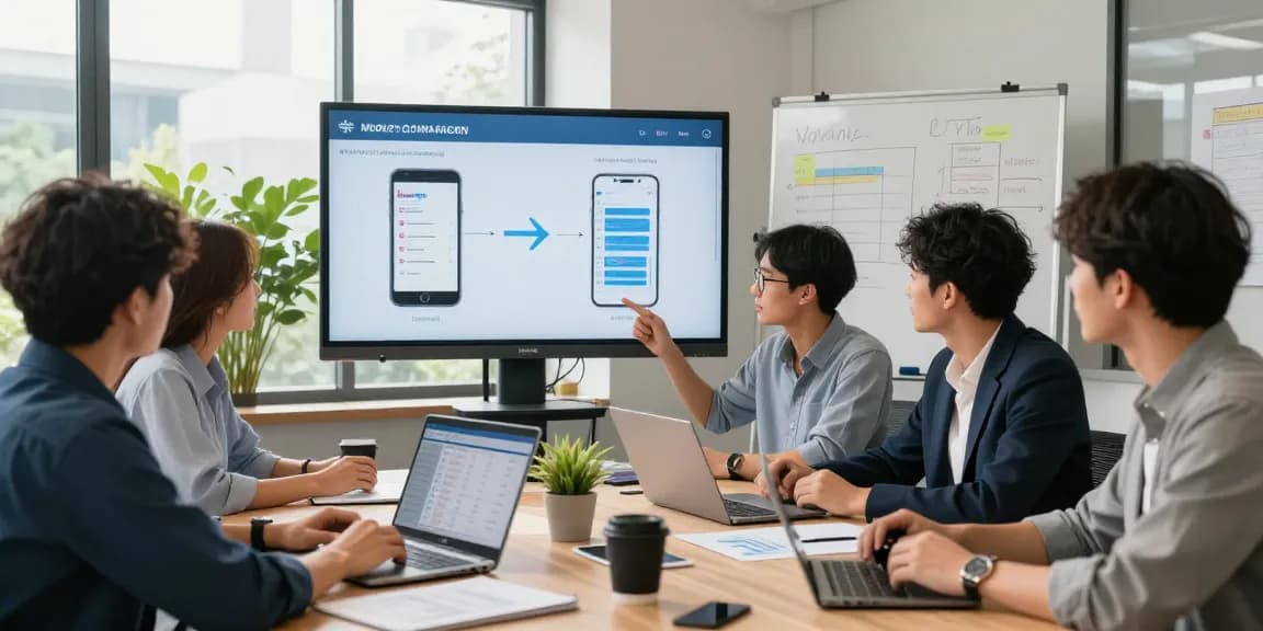 Team collaborating on business mobile comparison UK plans in a modern office.