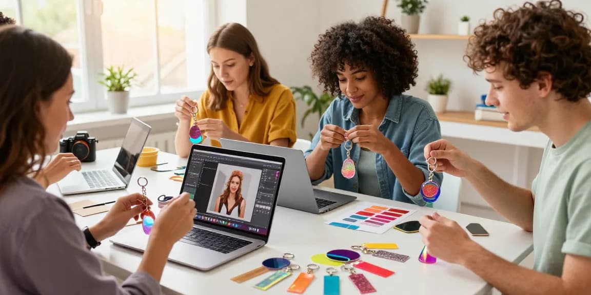 Creating custom keychains in a bright e-commerce workspace with diverse young adults and colourful samples.