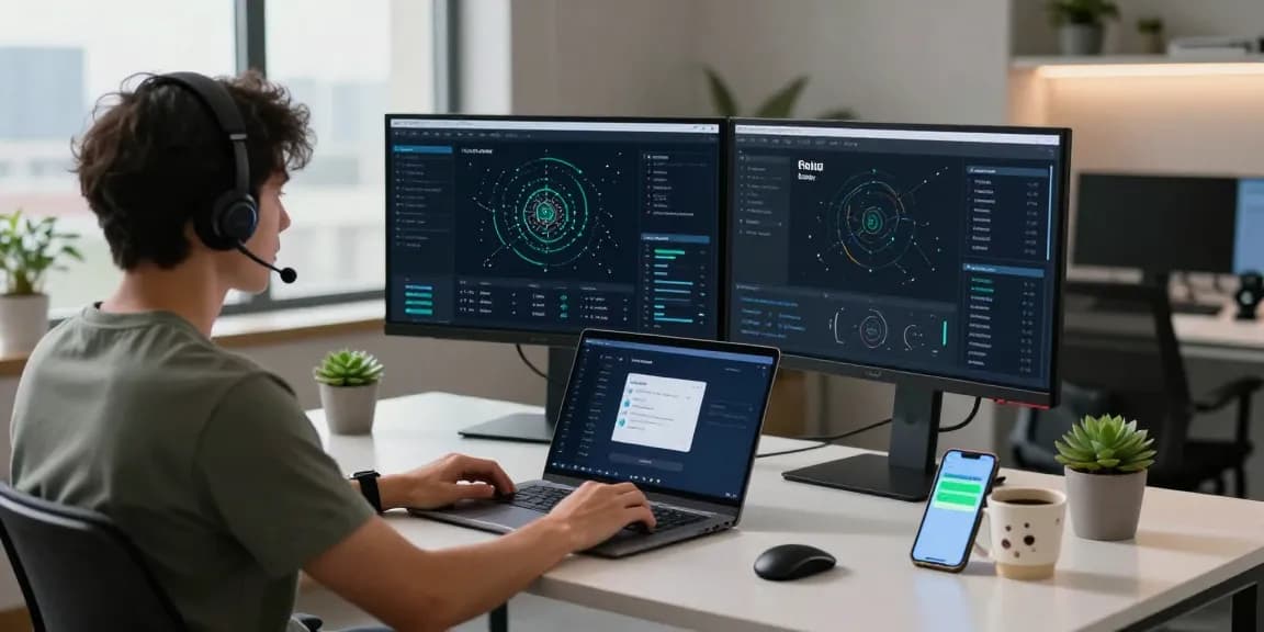 快连 network optimization workspace with user analyzing VPN performance on dual monitors
