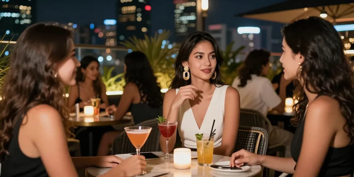 Hình ảnh gái gọi tại quán bar rooftop sang trọng, thể hiện phong cách và không khí vui vẻ.