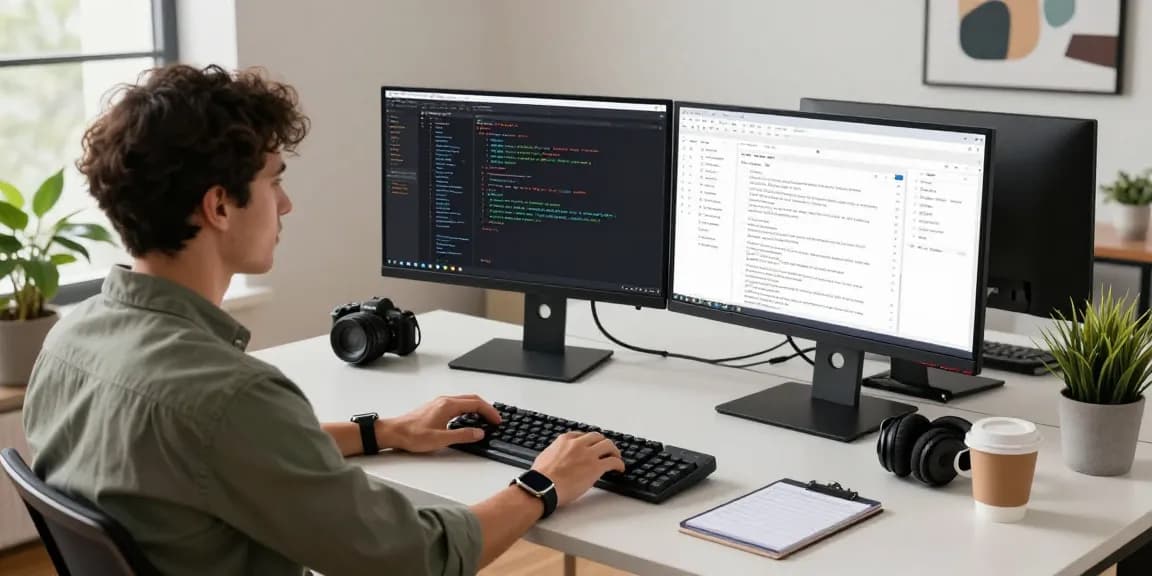 Developing innovative solutions at telegraimin.com workspace with coding displays and modern tech.