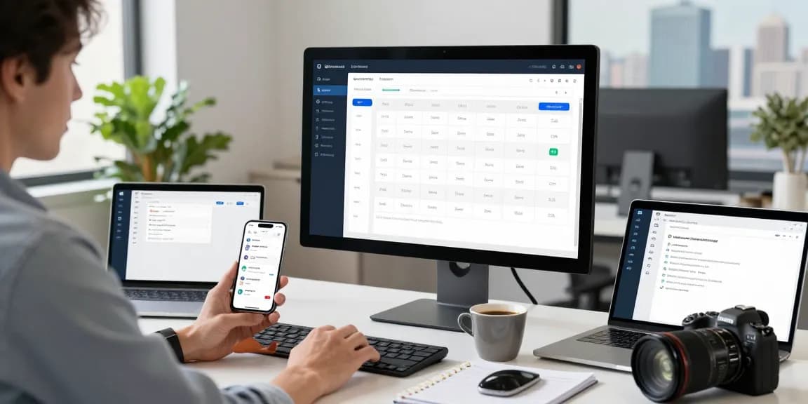 Efficient service scheduling software dashboard on a modern workspace, showcasing real-time job management.