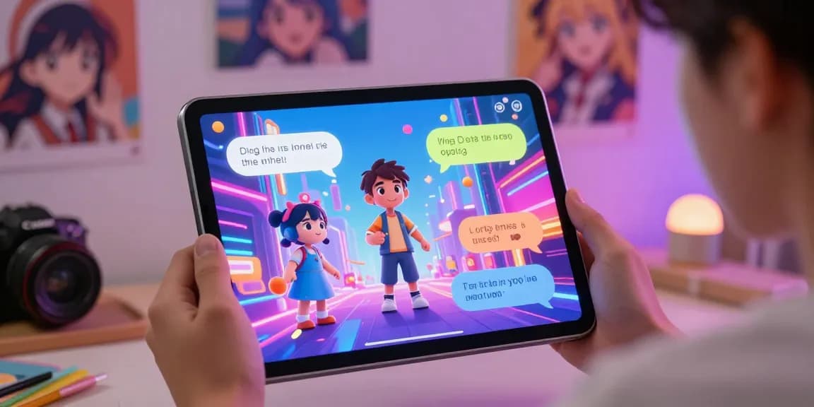 Engaging ai ecchi chat interaction on a futuristic tablet with vibrant anime character dialogues.
