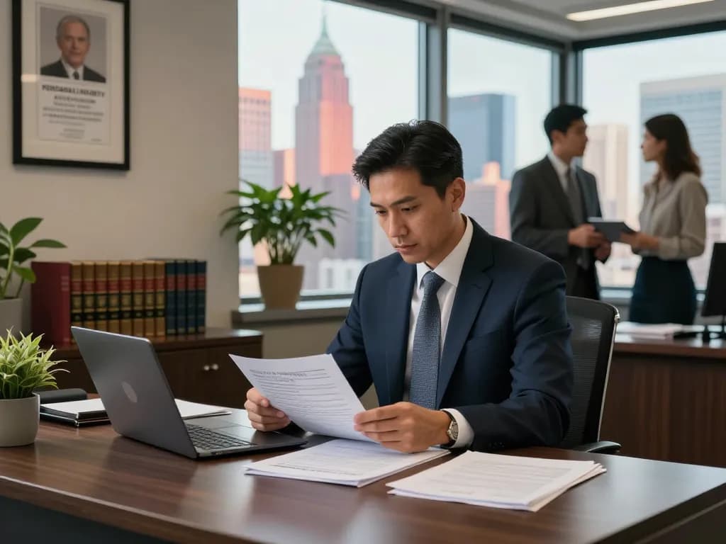 New York City Personal Injury Lawyer reviewing important case files in a modern law office.