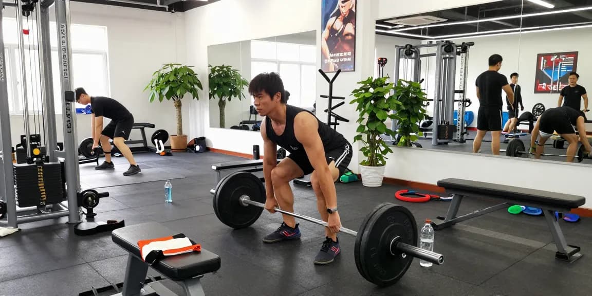Bodybuilder showcasing strength in the Anabolika Shop gym, performing a deadlift surrounded by weight training equipment.