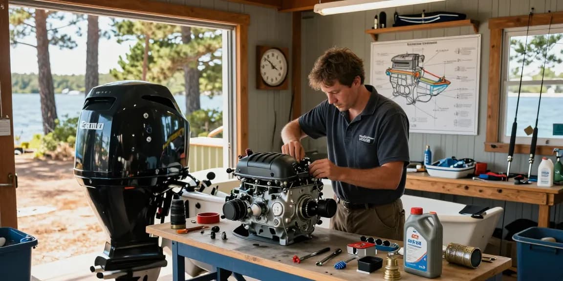 Expert performing outboard motor service with tools and parts in a marine workshop.