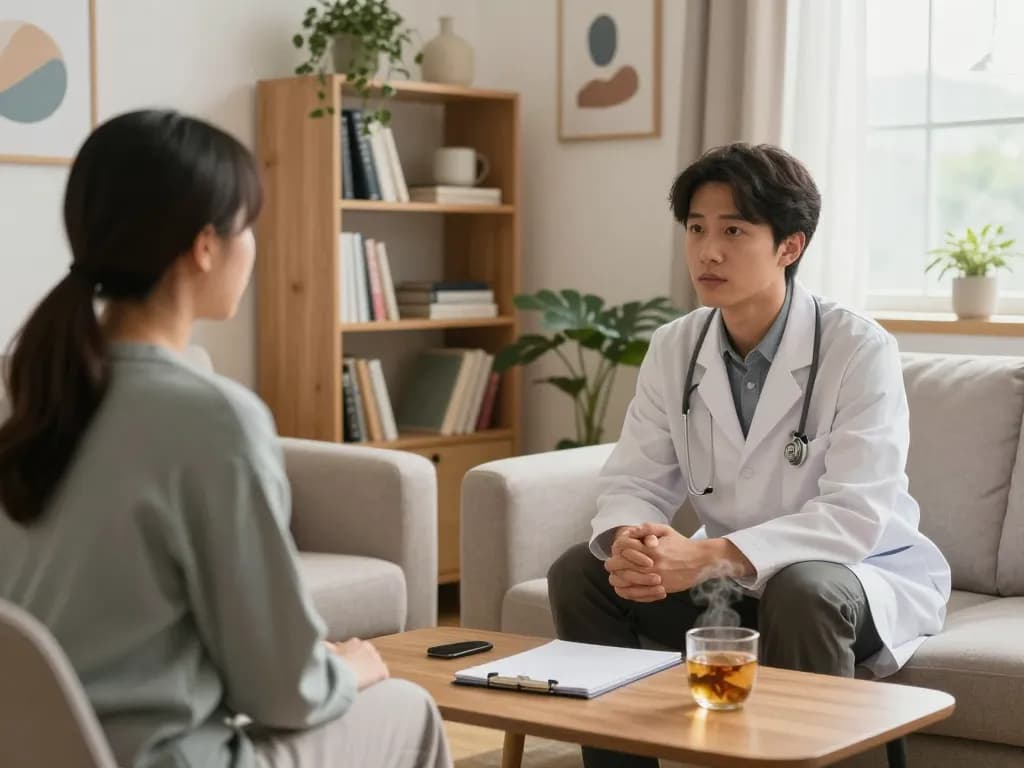 A tranquil therapy session illustrating a psychiatrist discussing 抑鬱症 in a calming setting.