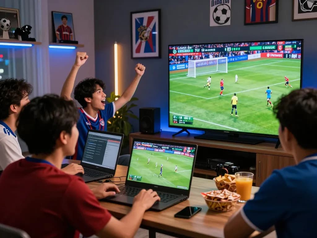 Người hâm mộ bóng đá Lương Sơn TV tận hưởng sự hồi hộp của trận đấu trực tiếp cùng bạn bè, bầu không khí sôi động và nhiều màn hình.