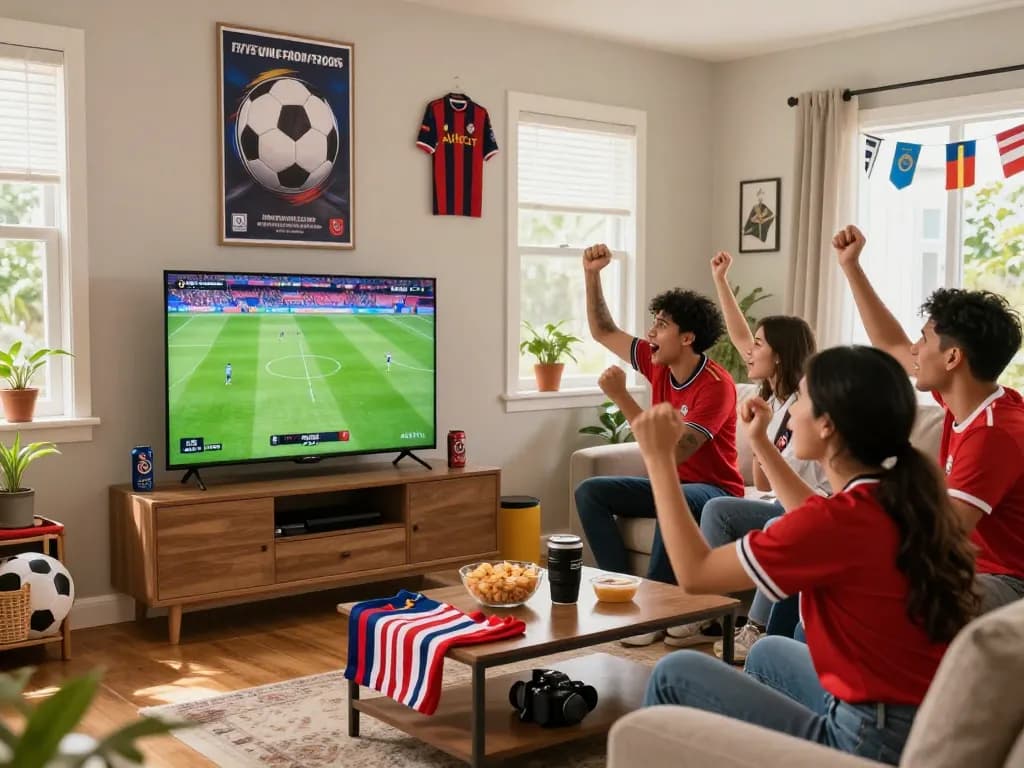 Football fan enjoying luongson live streaming experience with friends in a vibrant home setting.