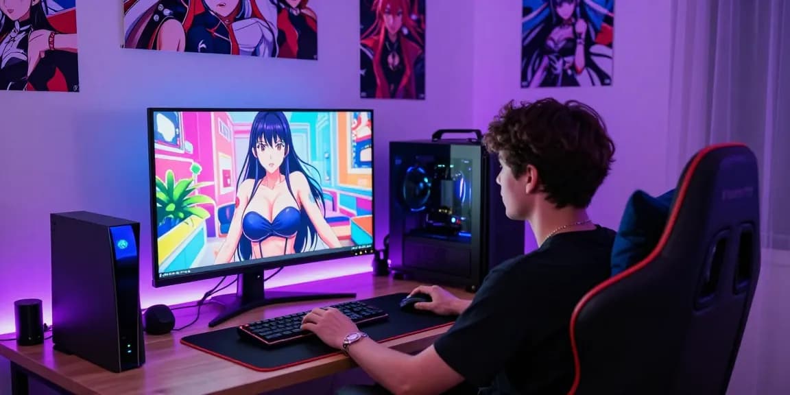 Player enjoying a real ecchi game in an immersive gaming setup with vibrant lighting.