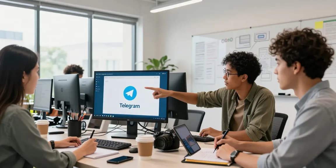 Team collaborating on Telegram Download application interface in a bright tech workspace.