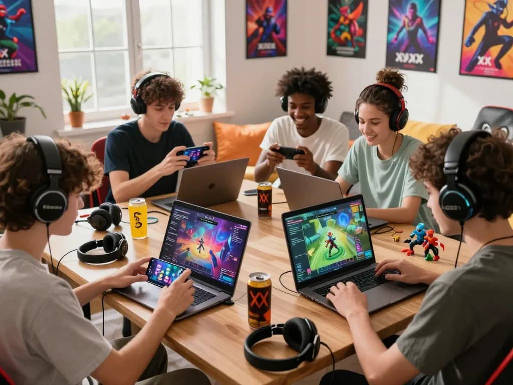 Group of players enjoying xxx games on multiple devices in a colorful gaming space.