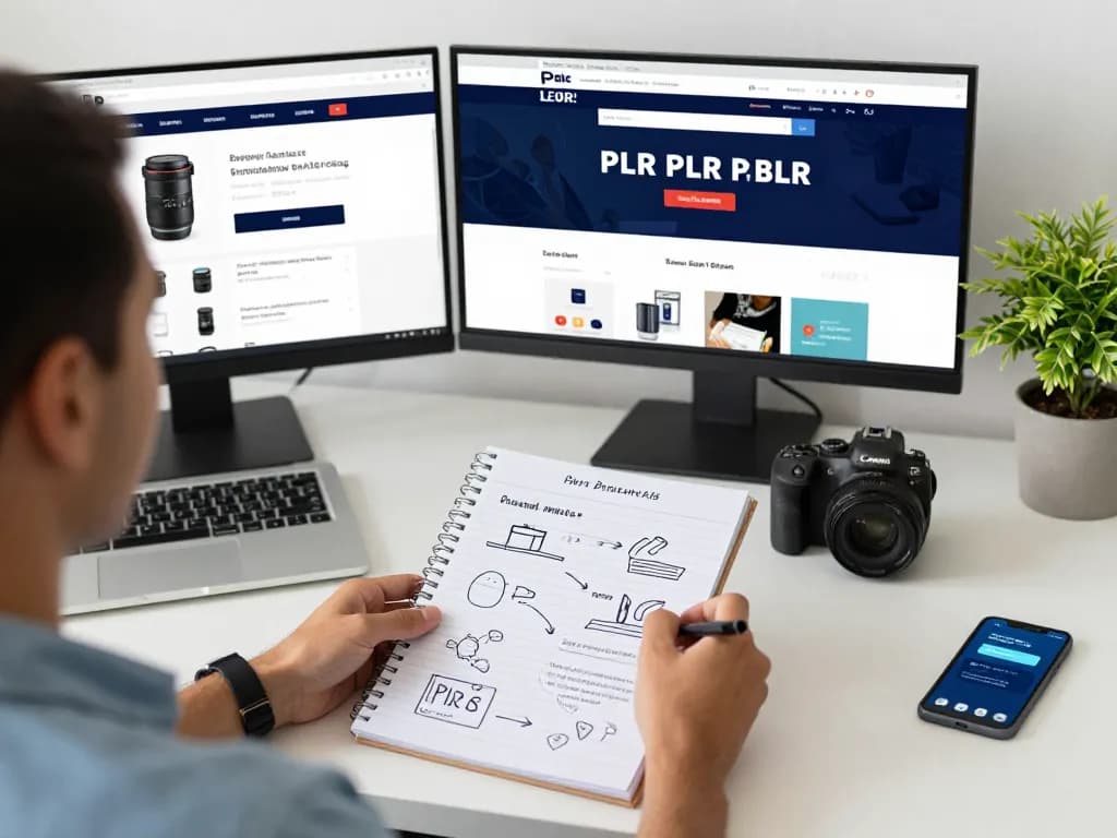 Entrepreneur researching to buy PLR products online at a modern workspace with digital devices and notes.