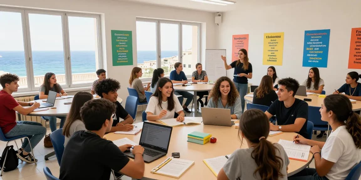 Cursos de inglés atractivos en Malta en una vibrante escuela de idiomas con estudiantes entusiastas.