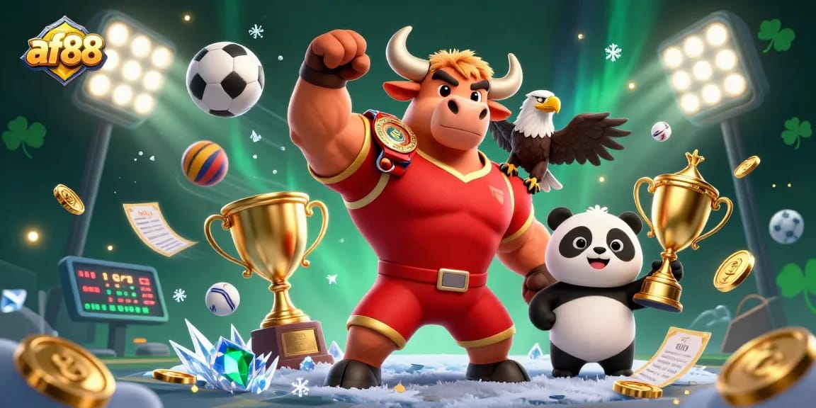 Experience excitement with af88 at a dynamic casino scene featuring a bull, eagle, and panda triumphing amidst playful sports elements.